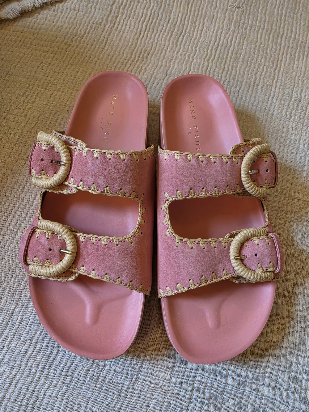 Marc Fisher LTD Pink Raffia Buckle Slide Sandals Whipstitch Boho 11M